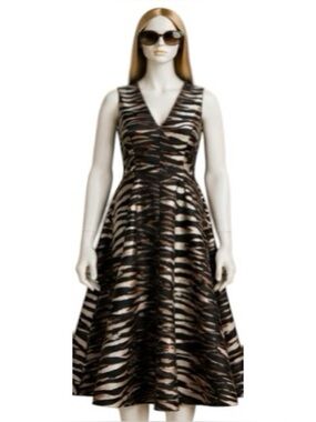 Kay Unger “Tibby” Black/Rose Gold Sleeveless V-Neck Flare Midi Dress Size 6